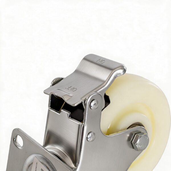 RUEDA DE NYLON Y ACERO INOX GIRATORIA CON FRENO